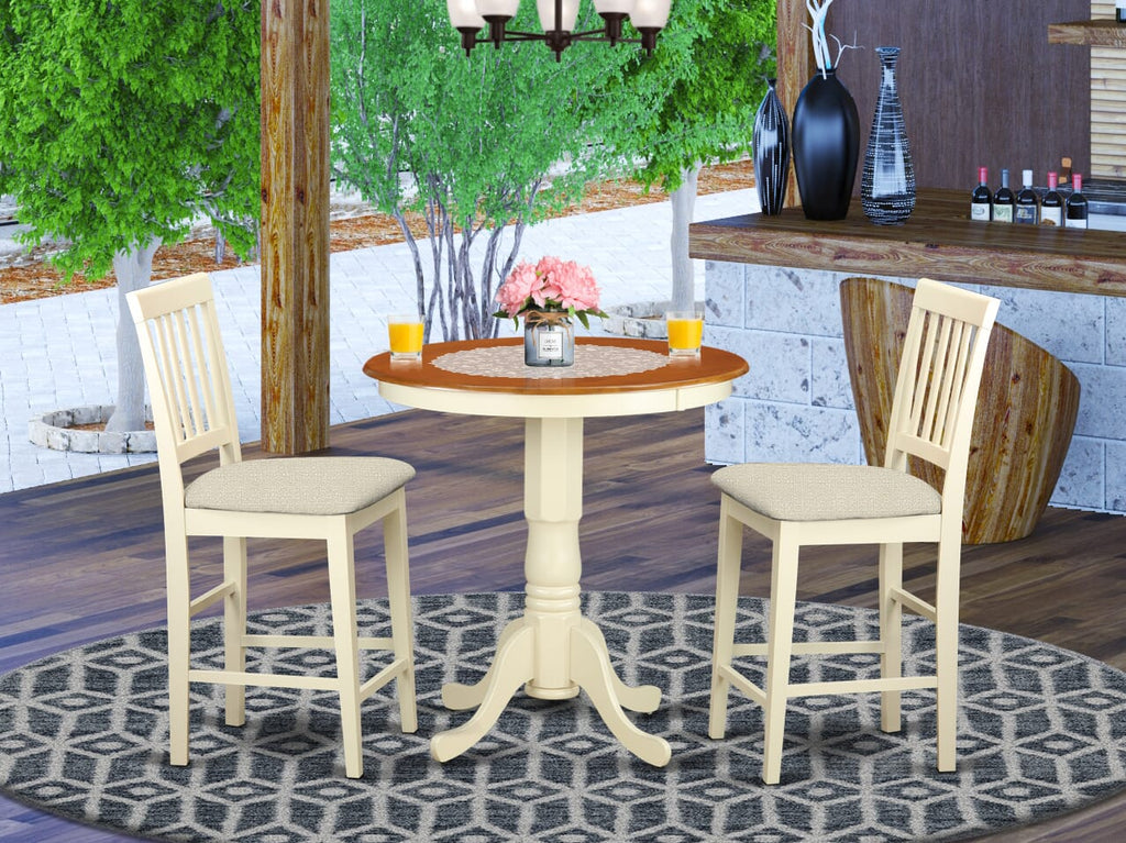 EDVN3-H9U-N 3 Piece Counter Height Dining Set Circular Table with 2 Upholstered Chairs, Buttermilk Cherry