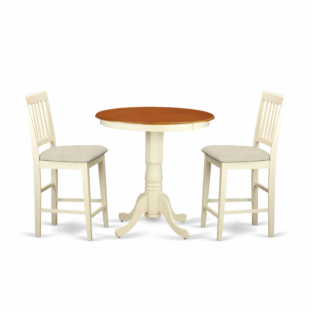 EDVN3-H9U-N 3 Piece Counter Height Dining Set Circular Table with 2 Upholstered Chairs, Buttermilk Cherry