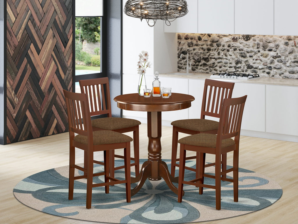 5 Piece Counter Height Dining Set EDVN5-5RV-K Round Wooden Table & 4 Upholstered Chairs, Mahogany Elegance