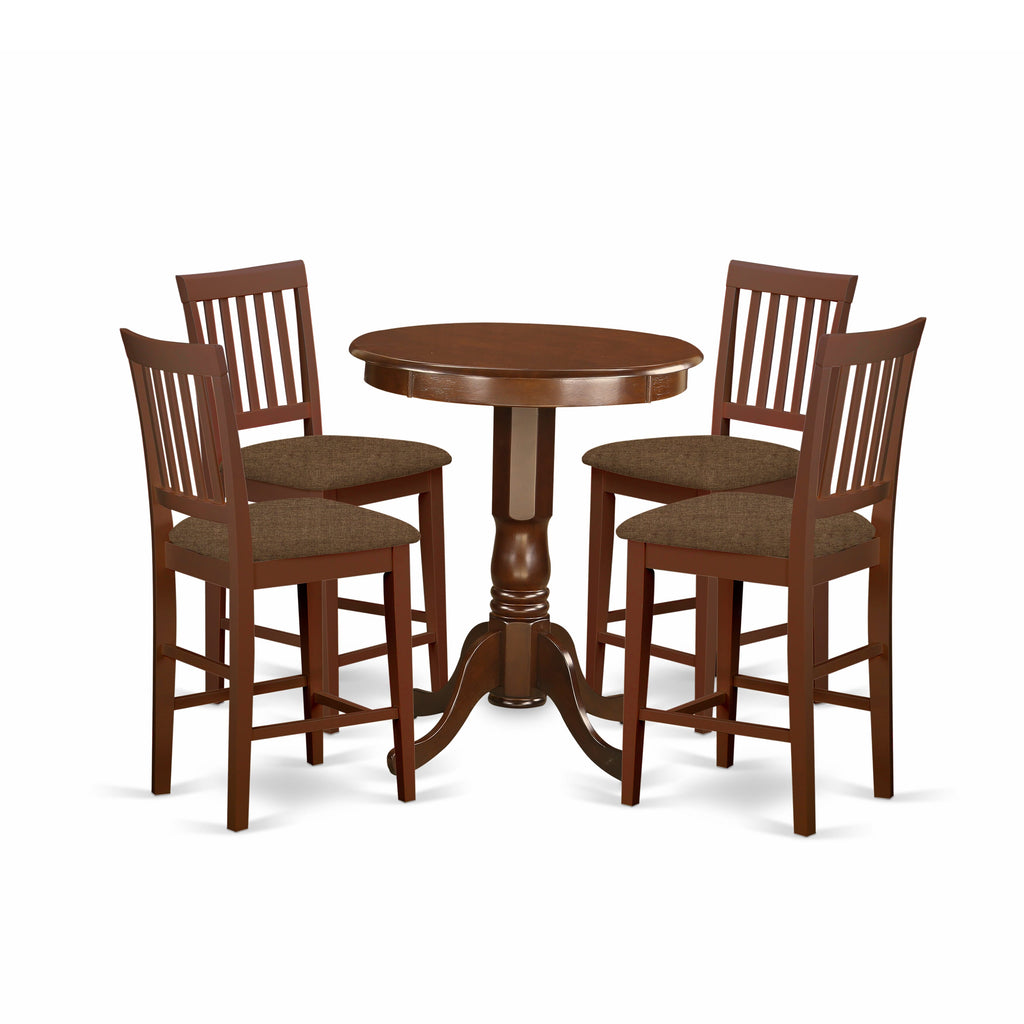 5 Piece Counter Height Dining Set EDVN5-5RV-K Round Wooden Table & 4 Upholstered Chairs, Mahogany Elegance