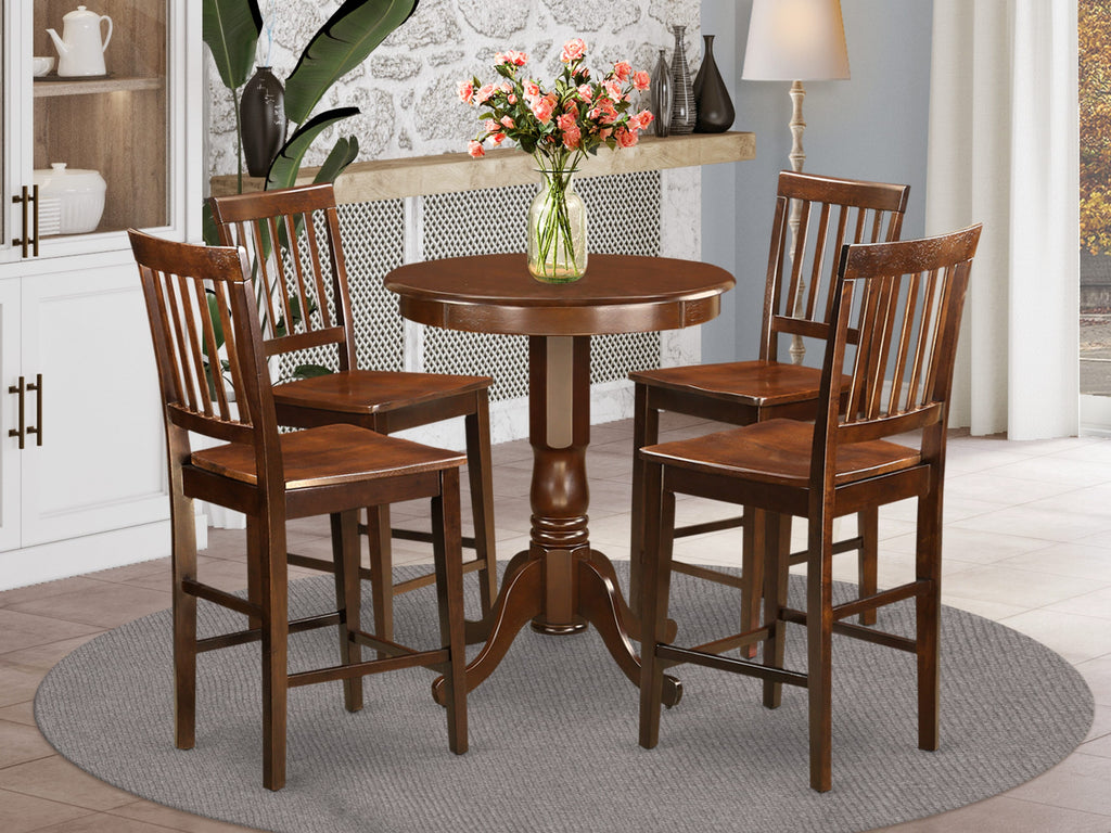 EDVN5-KLQ-E 5-Piece Counter Height Dining Set Round Pedestal Table & 4 Mahogany Chairs