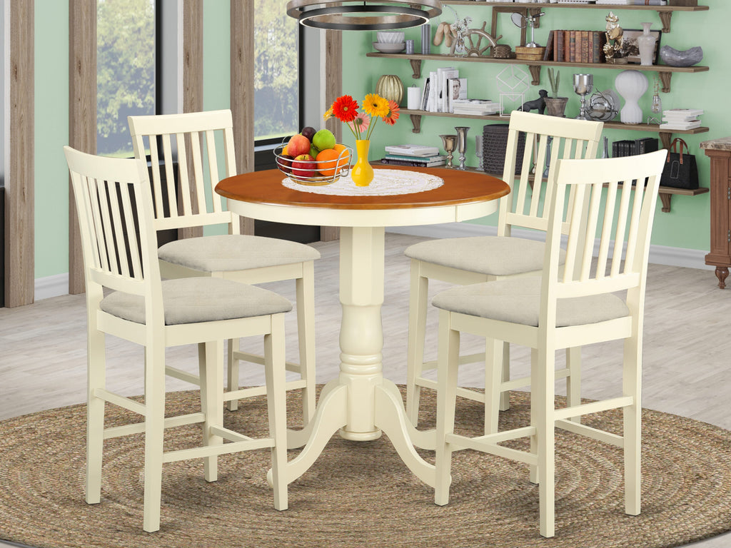 EDVN5-G4Y-W Elegant 5-Piece Counter Height Set with Round Dining Table & Plush Upholstered Chairs, Buttermilk/Cherry