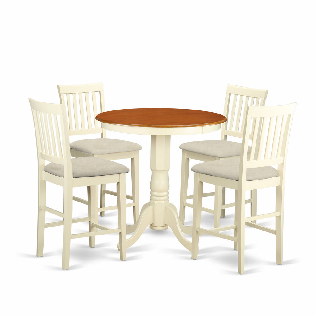 EDVN5-G4Y-W Elegant 5-Piece Counter Height Set with Round Dining Table & Plush Upholstered Chairs, Buttermilk/Cherry