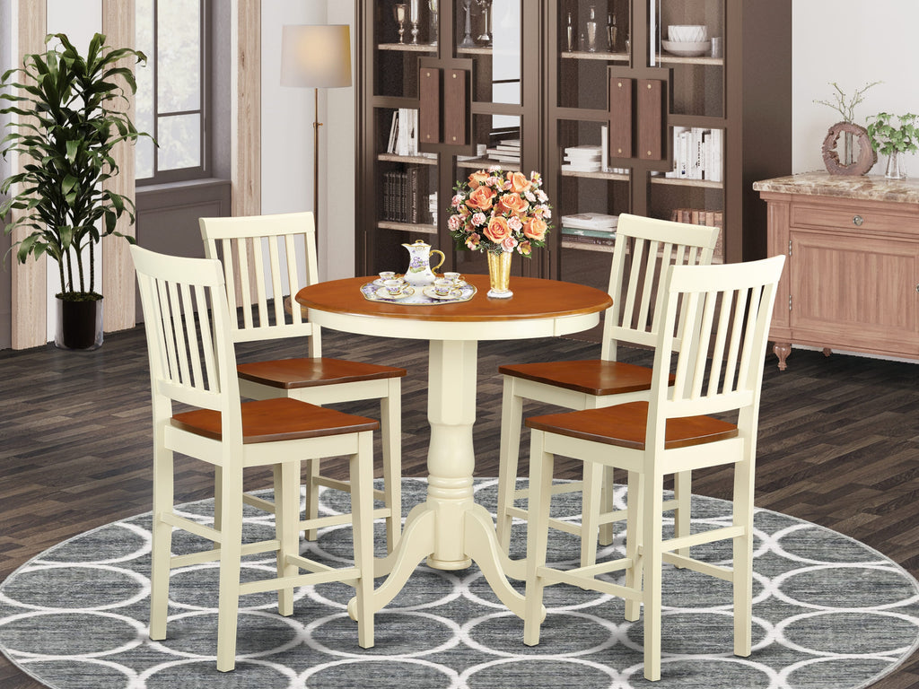 EDVN5-ZPK-O 5 Pc Counter Dining Ensemble Round Pedestal Table & 4 Chairs, Buttermilk & Cherry