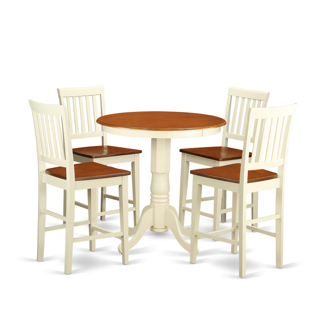 EDVN5-ZPK-O 5 Pc Counter Dining Ensemble Round Pedestal Table & 4 Chairs, Buttermilk & Cherry