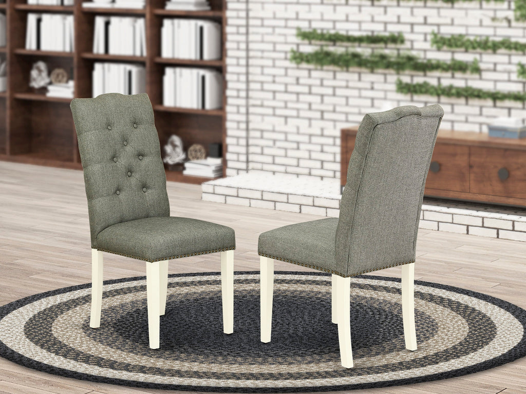 ELP2TZS Set of 2 Button Tufted Gray Fabric Dining Chairs with Nailhead Trim and Linen White Finish