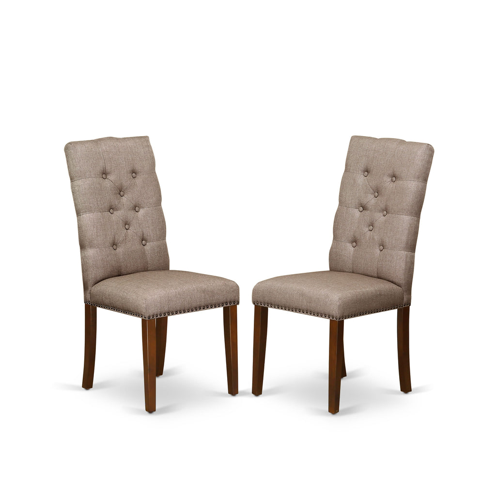 ELP3TZ4 Elsa Collection Dining Chairs Set - Button Tufted Upholstery with Nailhead Accents, Linen Dark Khaki & Mahogany Finish, Set of Two