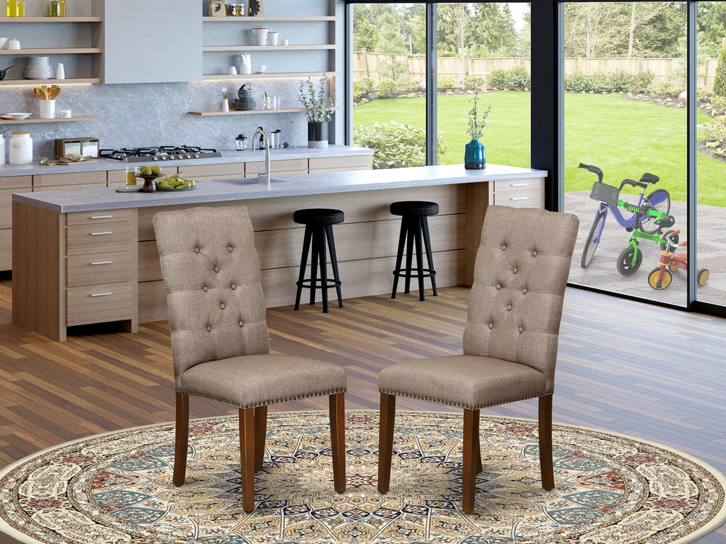 ELP3TZ4 Elsa Collection Dining Chairs Set - Button Tufted Upholstery with Nailhead Accents, Linen Dark Khaki & Mahogany Finish, Set of Two