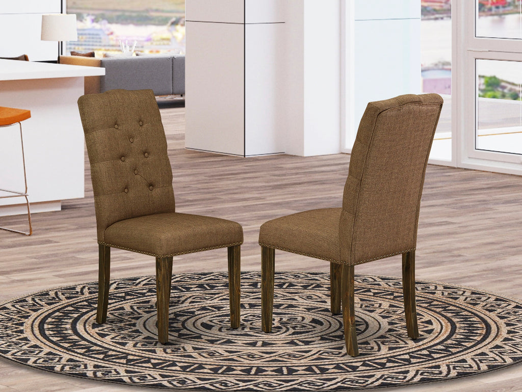 ELP7TWS Pair of Sophisticated Jacobean Dining Chairs with Button Tufts and Nailhead Trim in Brown Upholstered Linen