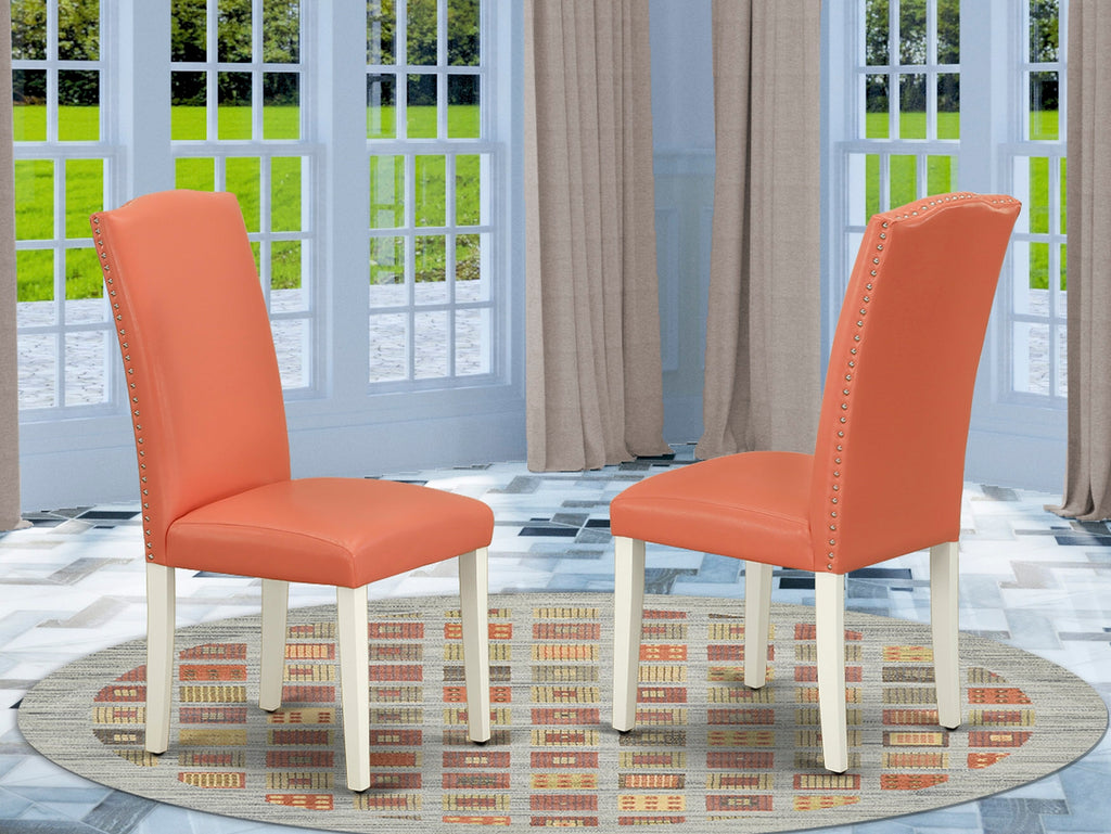 ENP2T5H Elegant Nailhead Trim Encinal Dining Chairs in Pink Flamingo Faux Leather, Set of 2 in Linen White Finish