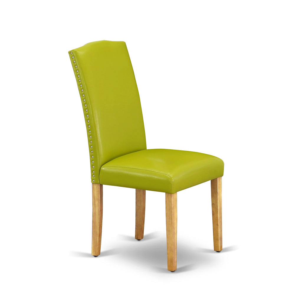 MZEN5-UB1-AT 5-Piece Dining Ensemble Featuring Table with Dropleaf & Green Leather Parson Chairs, 36x54 Oak Design
