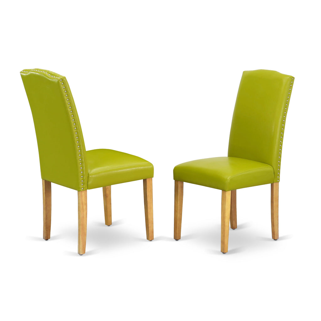 MZEN5-UB1-AT 5-Piece Dining Ensemble Featuring Table with Dropleaf & Green Leather Parson Chairs, 36x54 Oak Design