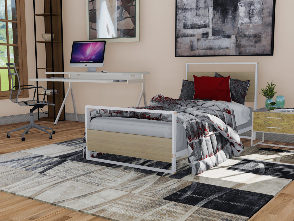 ERTBW6T Lavish Powder Coating White Metal Bed Frame with 4 Sturdy Legs & Wood Laminate