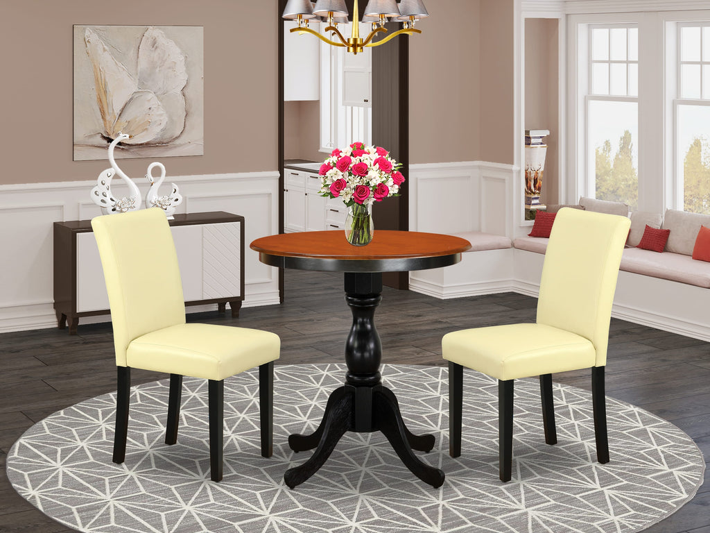 Elegant Dining Set ESAB3-JM8-94 3-Piece Round Table Ensemble with Pedestal Base and Pair of Eggnog Leather Chairs for Sophisticated Spaces, 30 Black & Cherry Finish