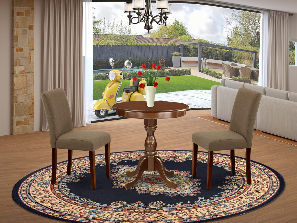 ESAB3-8FG-97 Compact 3-Piece Dining Ensemble Round Table with Pedestal and Two Linen Fabric Chairs, 30x30 Mahogany