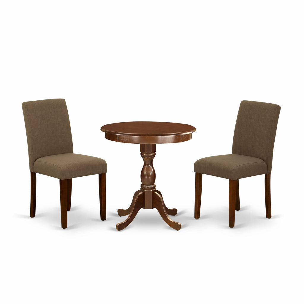 ESAB3-8FG-97 Compact 3-Piece Dining Ensemble Round Table with Pedestal and Two Linen Fabric Chairs, 30x30 Mahogany