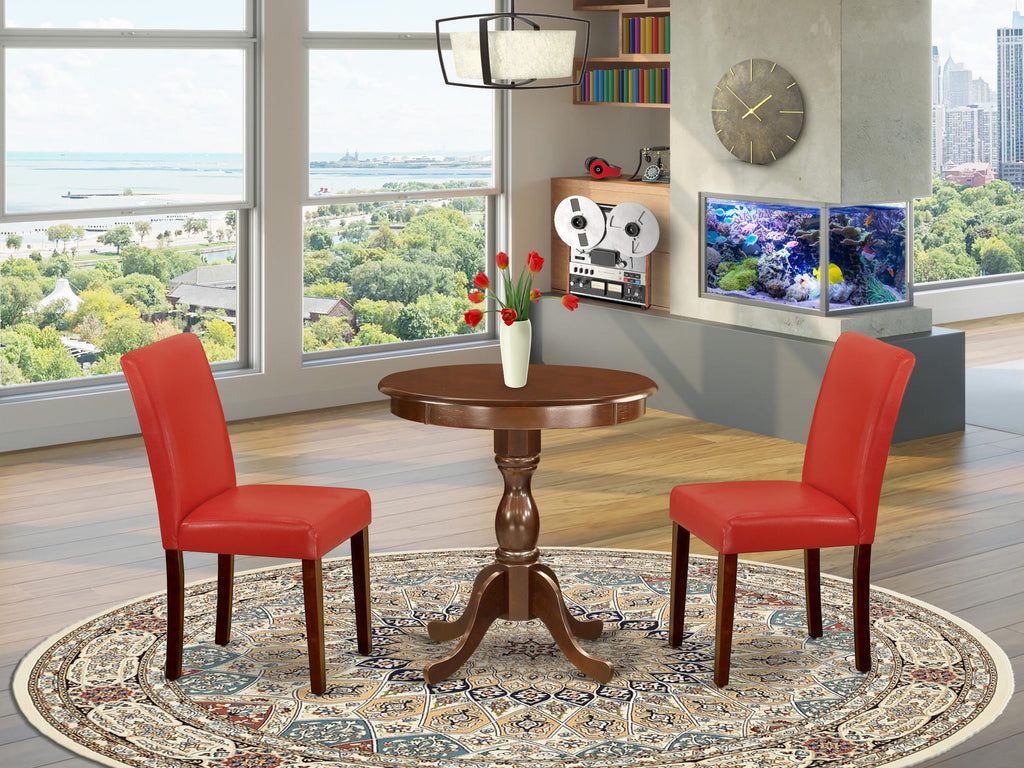 ESAB3-07K-SN Stunning 3-Piece Set Round Mahogany Table & Firebrick Red Parson Chairs for Elegance