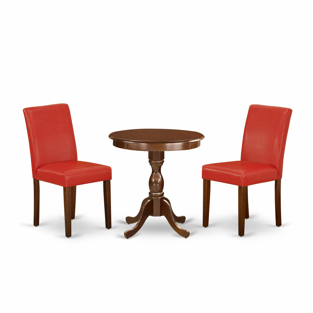 ESAB3-07K-SN Stunning 3-Piece Set Round Mahogany Table & Firebrick Red Parson Chairs for Elegance