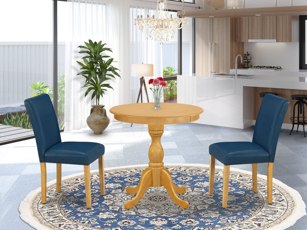 ESAB3-NV8-RC 3 Pc Circular Dining Set with Oak Table & Blue Faux Leather Chairs