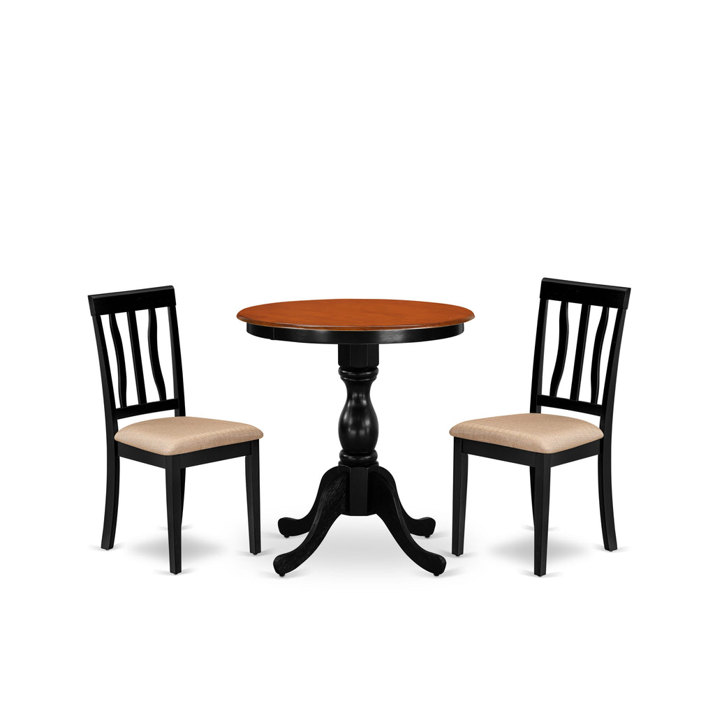 Compact ESAN3-L9Y-7 Dining Set with Pedestal Table & Upholstered Chairs for Cozy Rooms, Black & Cherry Finish