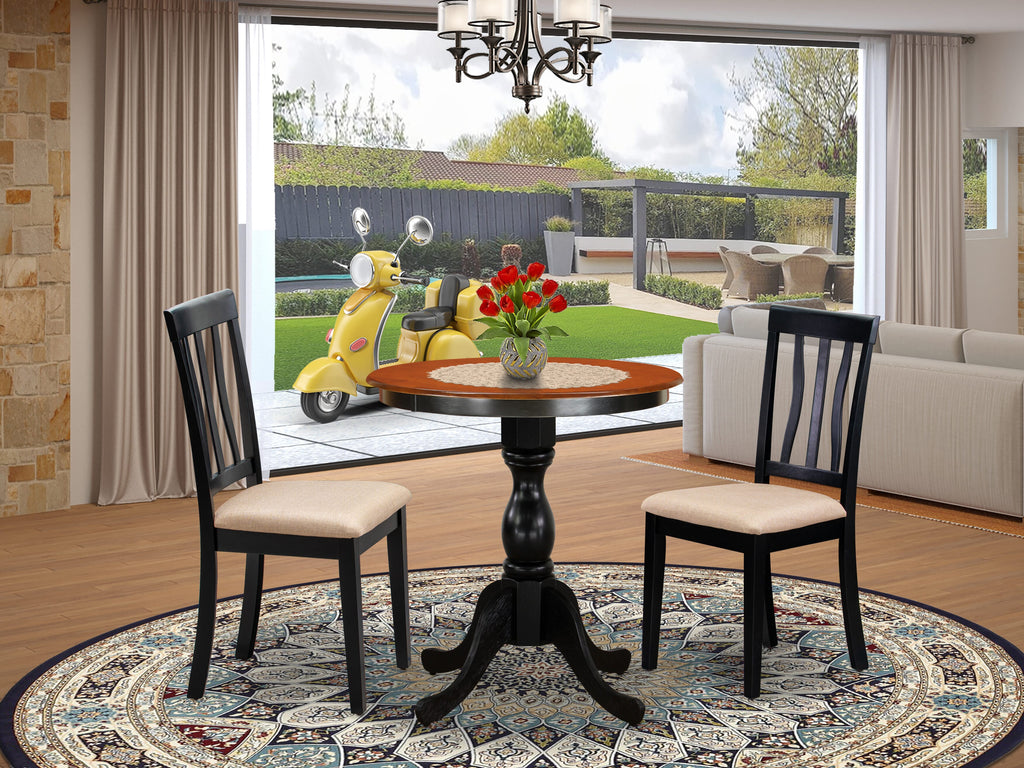 Compact ESAN3-L9Y-7 Dining Set with Pedestal Table & Upholstered Chairs for Cozy Rooms, Black & Cherry Finish