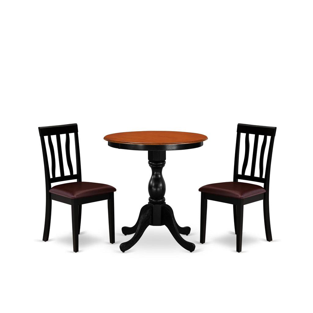 ESAN3-N81-N1 Elegant 3-Piece Round Dining Set with Pedestal Table & Comfortable Faux Leather Seating, Black & Cherry