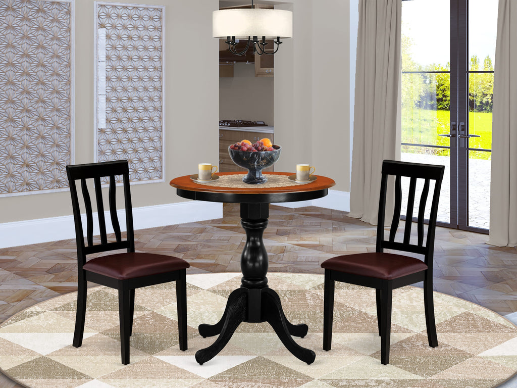 ESAN3-N81-N1 Elegant 3-Piece Round Dining Set with Pedestal Table & Comfortable Faux Leather Seating, Black & Cherry