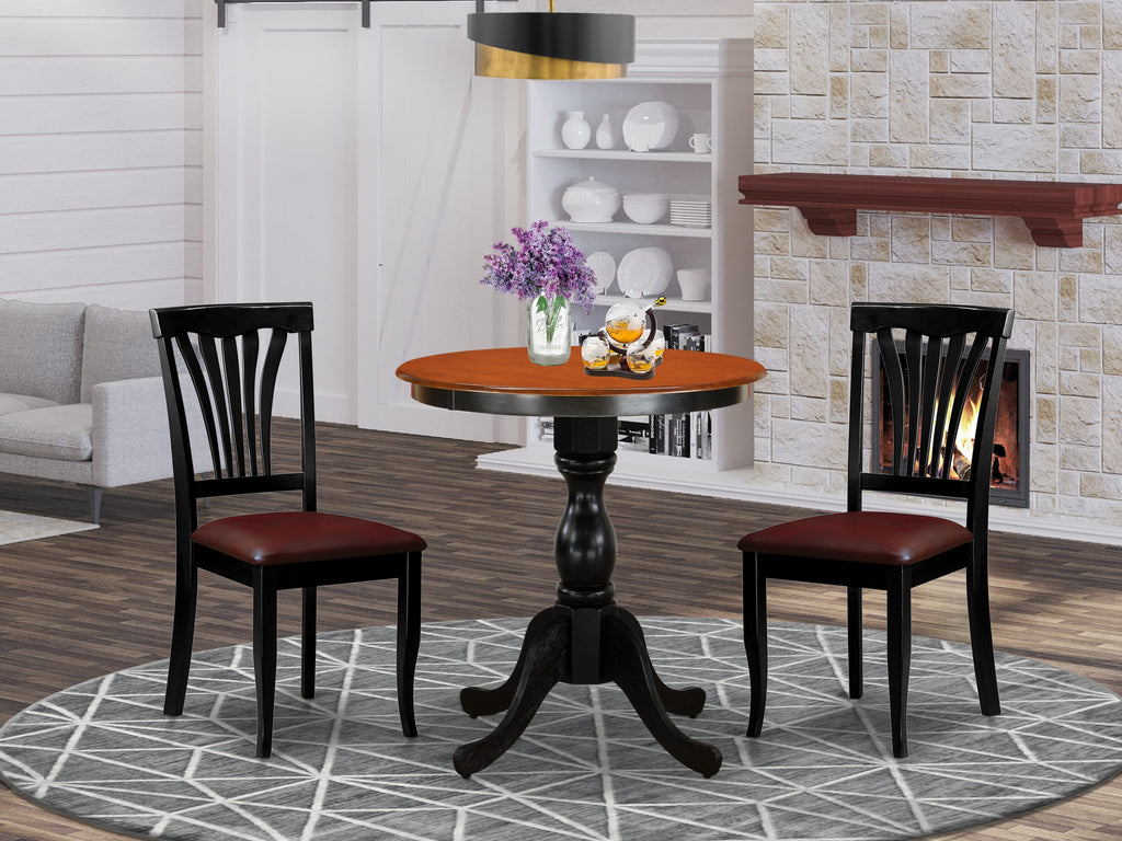 ESAV3-C2T-1C Stylish 3-Piece Dining Ensemble Compact Round Table and Faux Leather Seats, 30x30 Black & Cherry Set