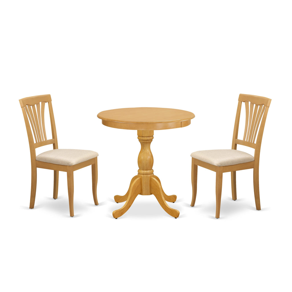 ESAV3-QI5-Patio Pieces 3-Piece Round Table Set with Quilted Upholstery Seating and Pedestal Base, Oak Finish