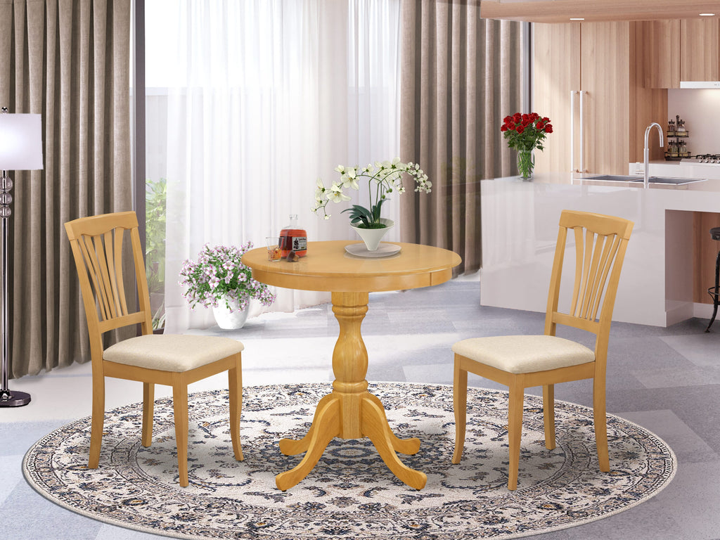 ESAV3-QI5-Patio Pieces 3-Piece Round Table Set with Quilted Upholstery Seating and Pedestal Base, Oak Finish
