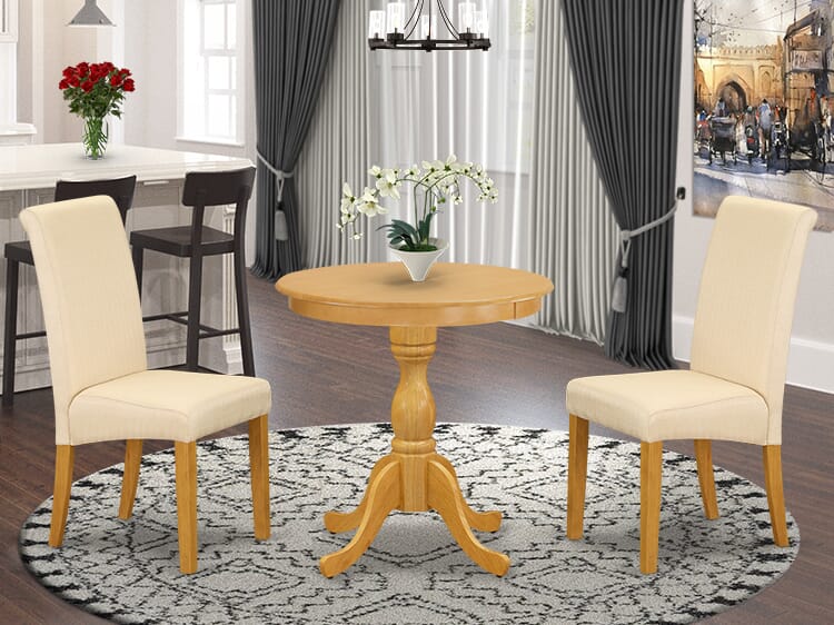 ESBA3-MH1-VM Dining Ensemble 3-Piece Round Table Set with Oak Veneer and Two Beige Chairs, 30x30 Inch