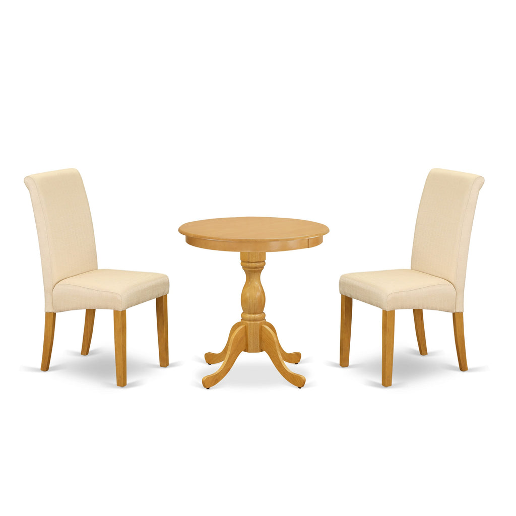 ESBA3-MH1-VM Dining Ensemble 3-Piece Round Table Set with Oak Veneer and Two Beige Chairs, 30x30 Inch