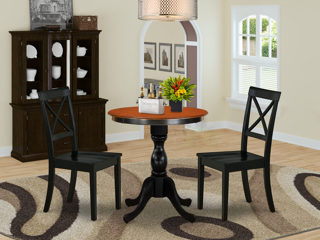 ESBO3-XZK-9 3-Piece Round Dining Set with Pedestal & Two Chairs in Black & Cherry, 30x30 Inch