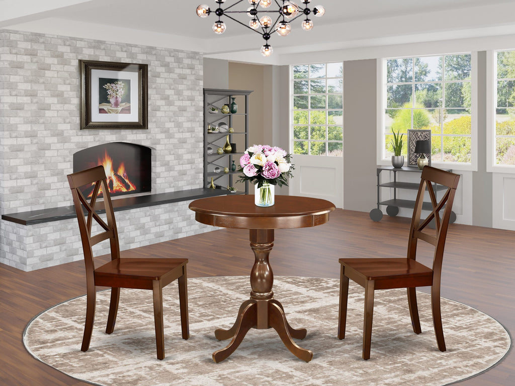 ESBO3-XTJ-S Three Piece Dining Room Set with Pedestal Table and Two Chairs, 30x30 Mahogany
