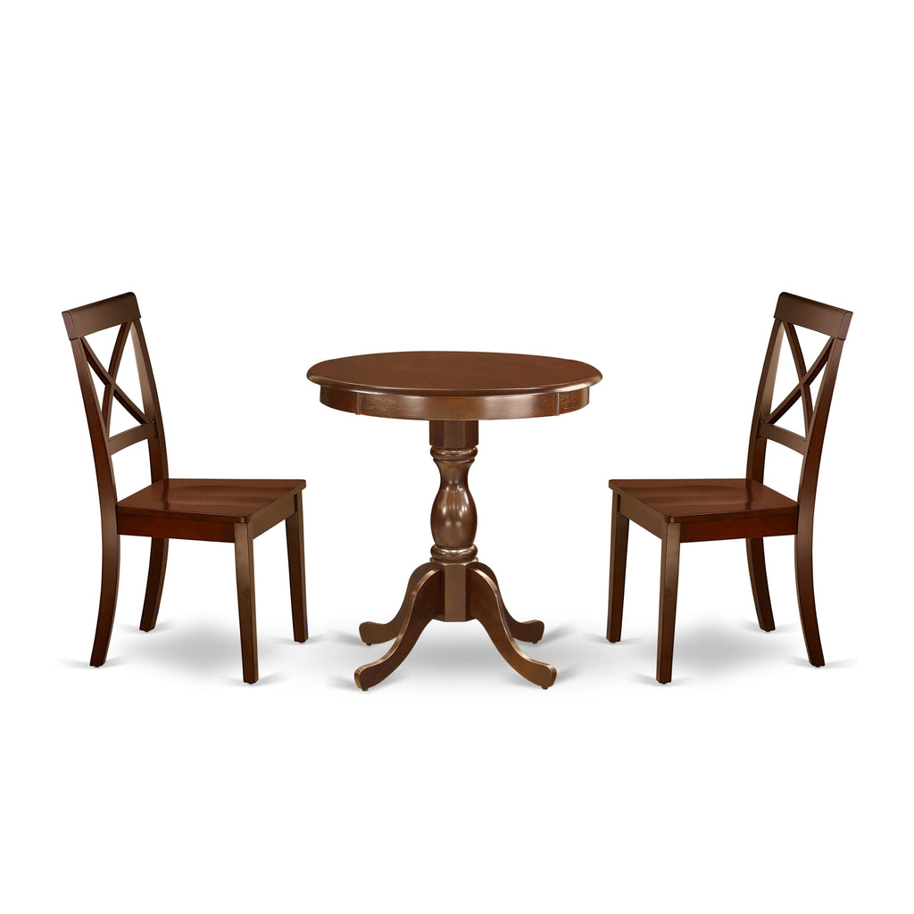 ESBO3-XTJ-S Three Piece Dining Room Set with Pedestal Table and Two Chairs, 30x30 Mahogany