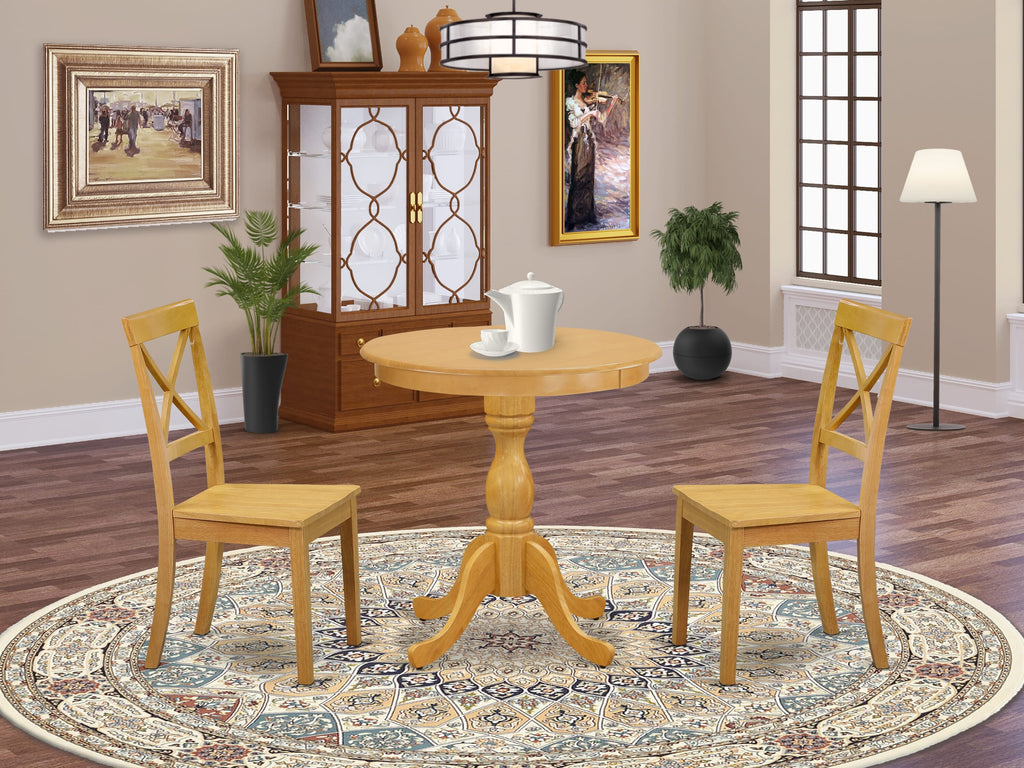 ESBO3-UCZ-F Elegant 3-Piece Set Pedestal Dining Table & 2 Chairs, Perfect for Cozy Spaces, Oak Finish