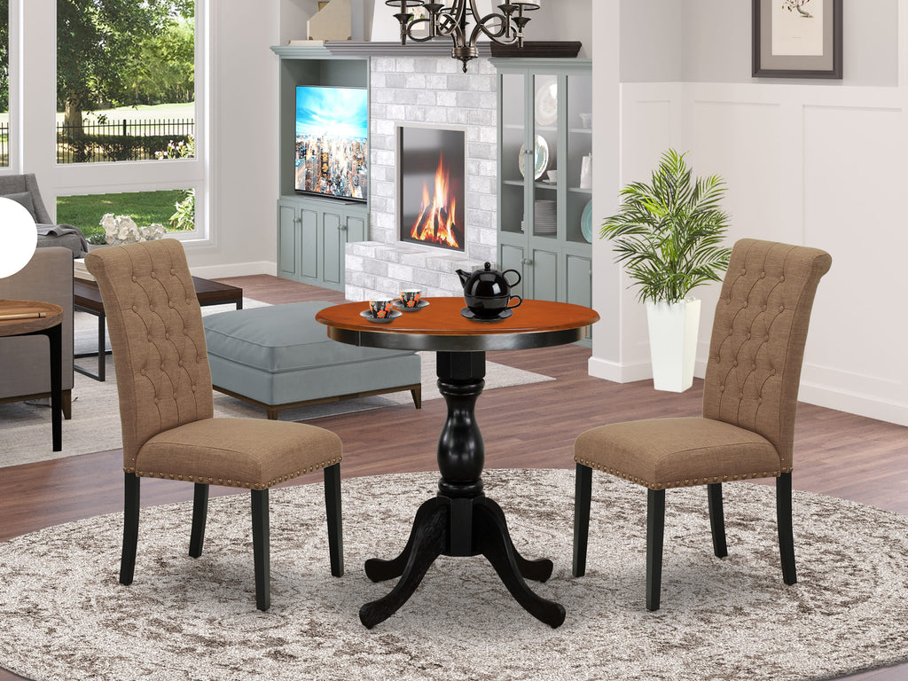 ESBR3-78O-P8 3-Piece Dining Ensemble with Round Table & 2 Upholstered Chairs in Black