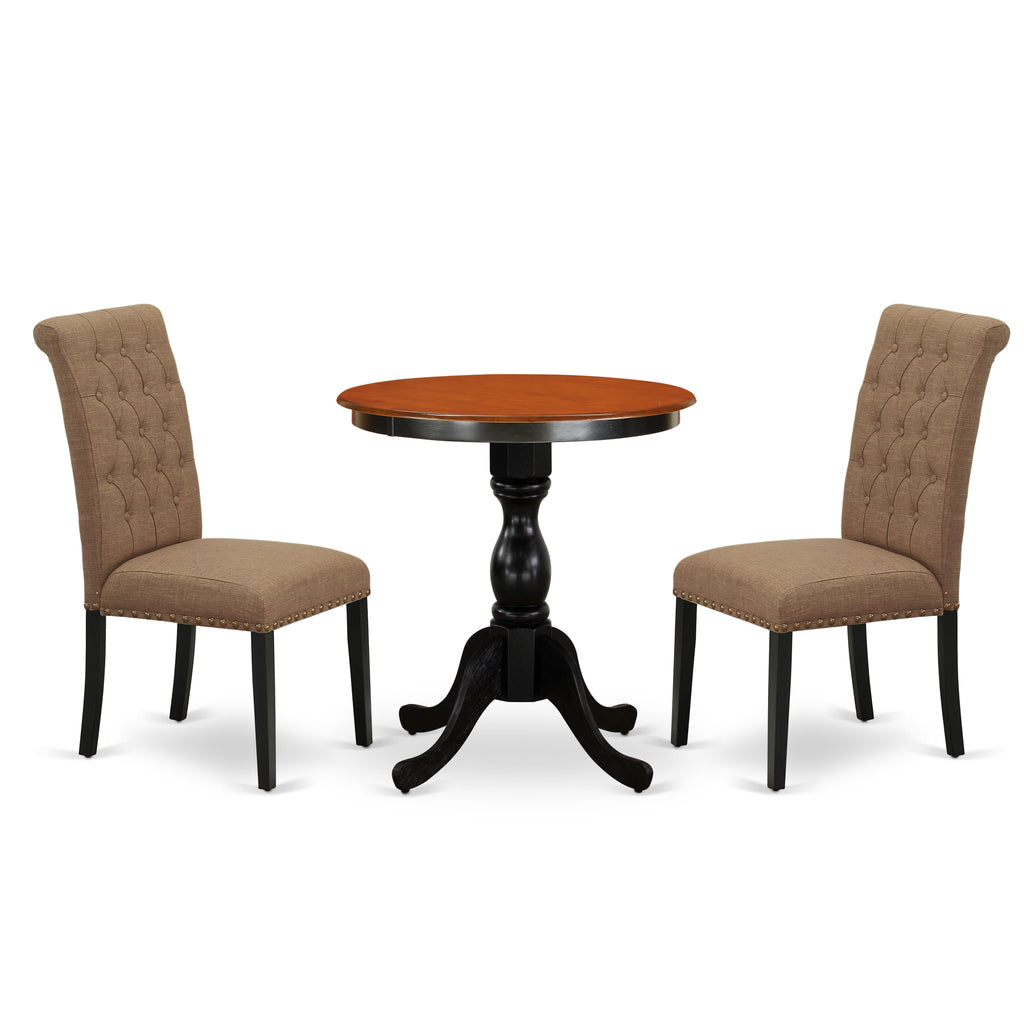 ESBR3-78O-P8 3-Piece Dining Ensemble with Round Table & 2 Upholstered Chairs in Black