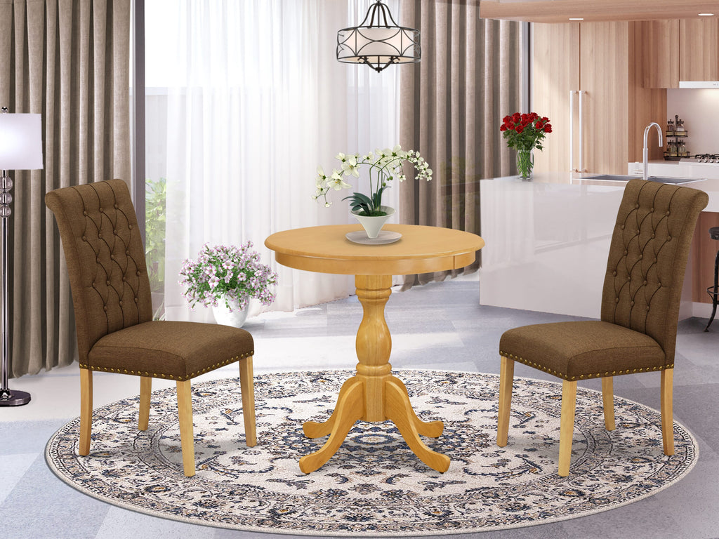 ESBR3-LIN-LX7 Three-Piece Dining Ensemble with Pedestal Table & Brown Upholstered Chairs for Kitchen
