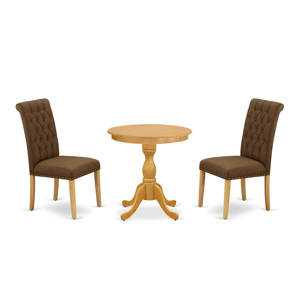 ESBR3-LIN-LX7 Three-Piece Dining Ensemble with Pedestal Table & Brown Upholstered Chairs for Kitchen