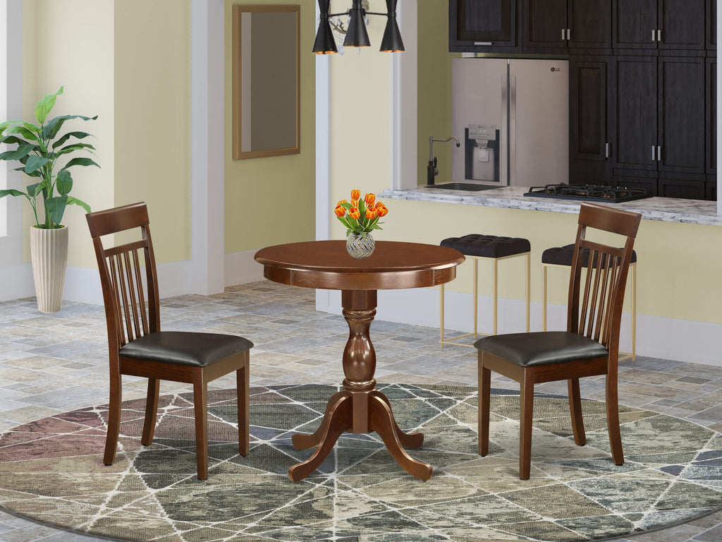 ESCA3-PS2-R5 Three-Piece Dining Set with Pedestal Table and Two Faux Leather Seats, Mahogany, 30 Round