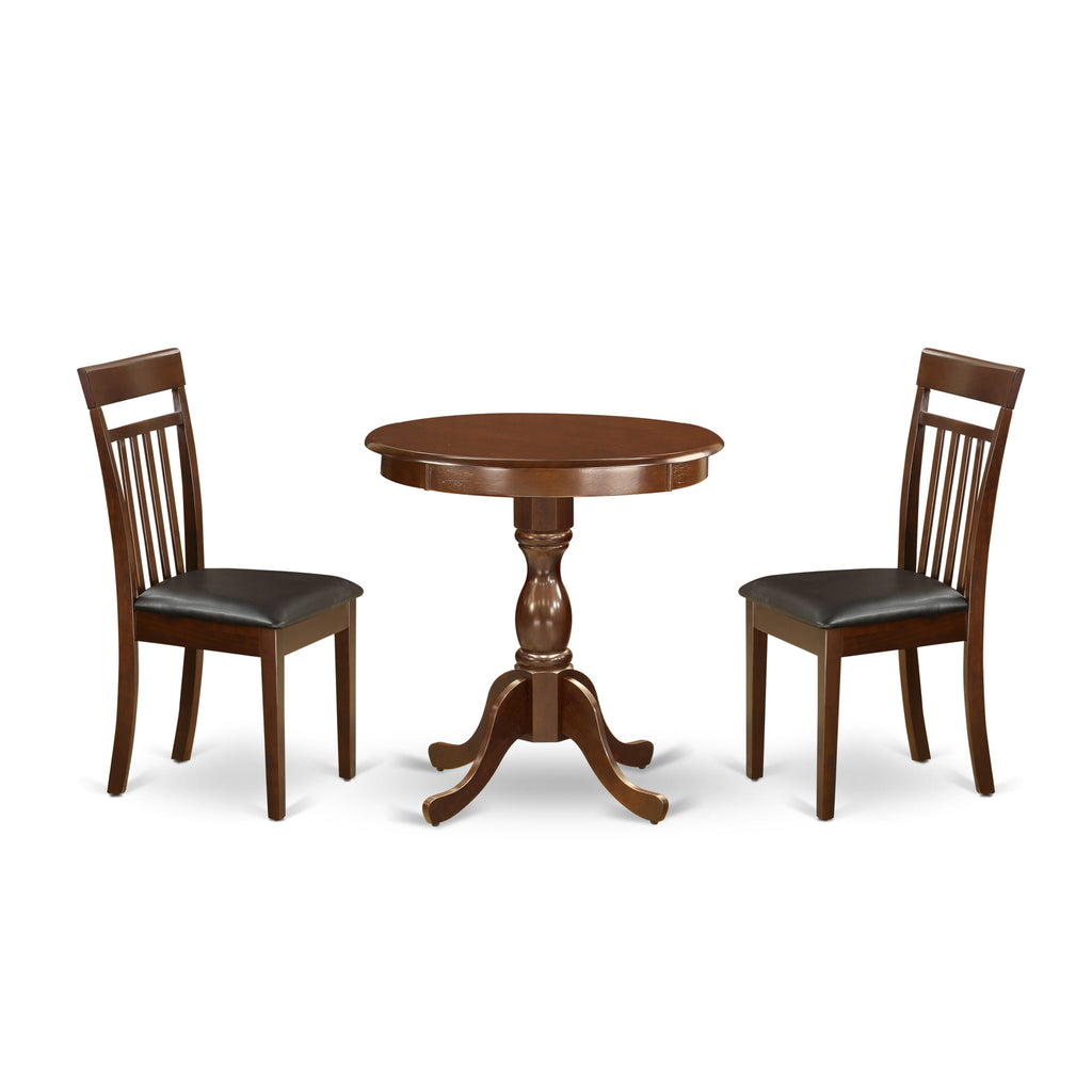 ESCA3-PS2-R5 Three-Piece Dining Set with Pedestal Table and Two Faux Leather Seats, Mahogany, 30 Round