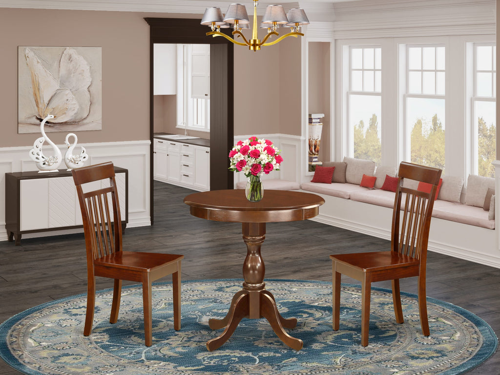 ESCA3-H38-W Dinette Set for Small Spaces - Round Dining Table & 2 Chairs, 30x30, Mahogany Finish