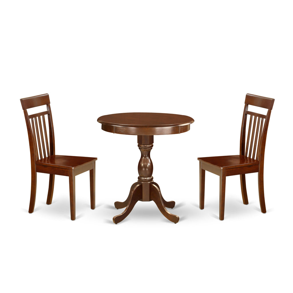 ESCA3-H38-W Dinette Set for Small Spaces - Round Dining Table & 2 Chairs, 30x30, Mahogany Finish