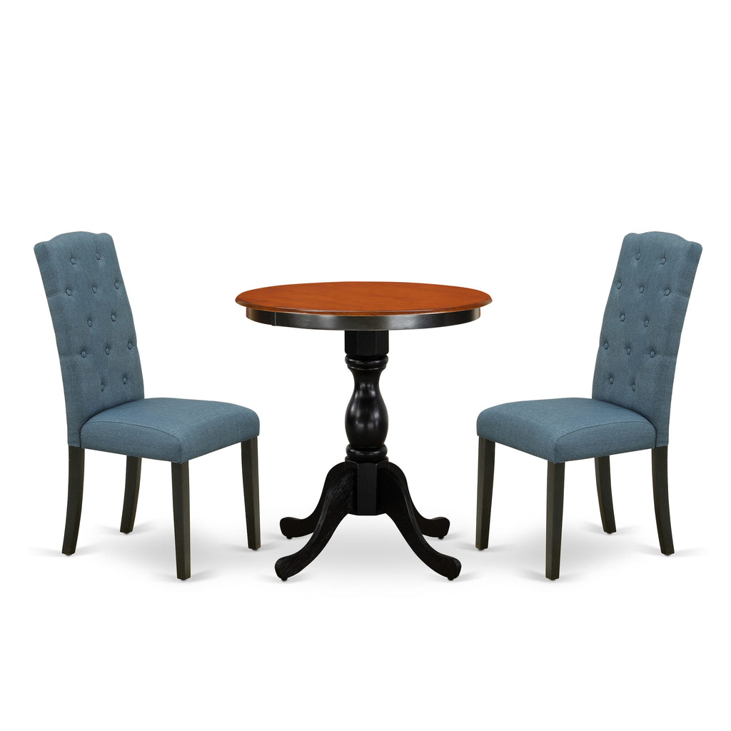 ESCE3-0H9-EM Stylish 3-PC Dining Set with Round Table & Blue Linen Chairs, Elegant Black & Cherry Finish