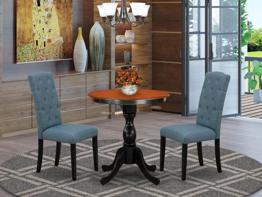 ESCE3-0H9-EM Stylish 3-PC Dining Set with Round Table & Blue Linen Chairs, Elegant Black & Cherry Finish