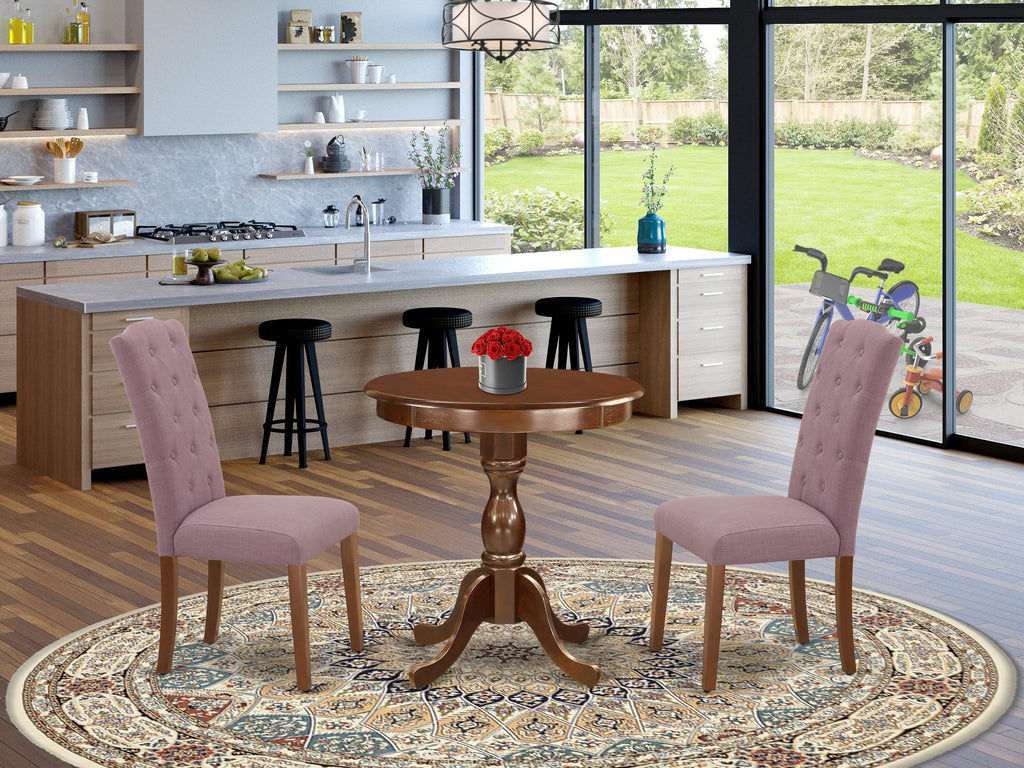ESCE3-YQD-Z4 3-Piece Set with Round Pedestal Dining Table and Dahlia Fabric Chairs in 30-Inch Mahogany Finish