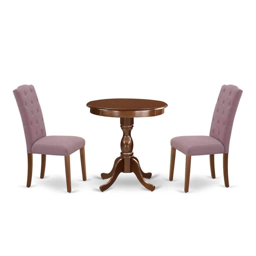 ESCE3-YQD-Z4 3-Piece Set with Round Pedestal Dining Table and Dahlia Fabric Chairs in 30-Inch Mahogany Finish