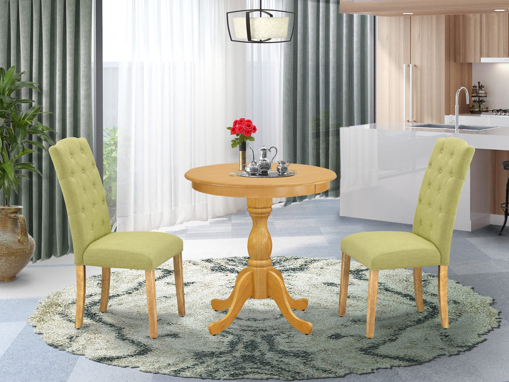 ESCE3-0J5-ZY Compact 3 Piece Dining Set with Pedestal Table and Linen Chairs, Ideal for Cozy Rooms, 30x30in Oak