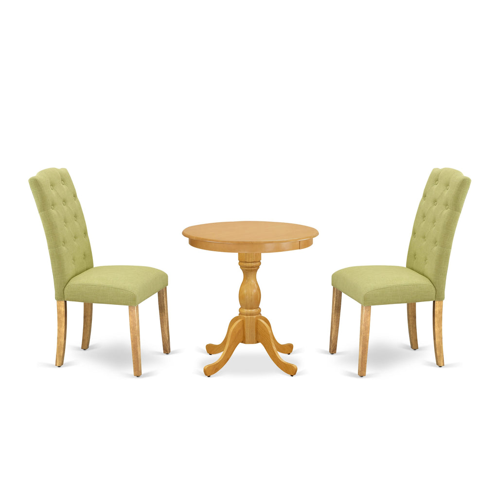 ESCE3-0J5-ZY Compact 3 Piece Dining Set with Pedestal Table and Linen Chairs, Ideal for Cozy Rooms, 30x30in Oak